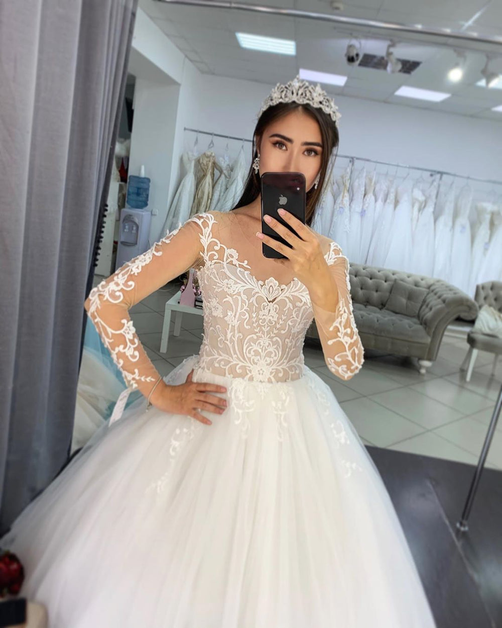 Elegant A-line Wedding Gown with Long Lace Sleeves and Tulle
