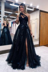 Black One Shoulder A Line Long Slit Prom Dress with Lace