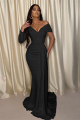 Chic White Mermaid Prom Dress Off-the-Shoulder V Neck Pleated
