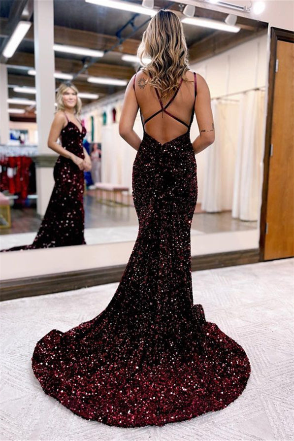 Chic Sequins Long Evening Dress V Neck Spaghetti Strap