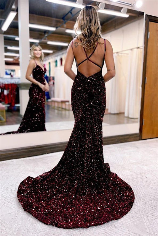 Chic Sequins Long Evening Dress V Neck Spaghetti Strap