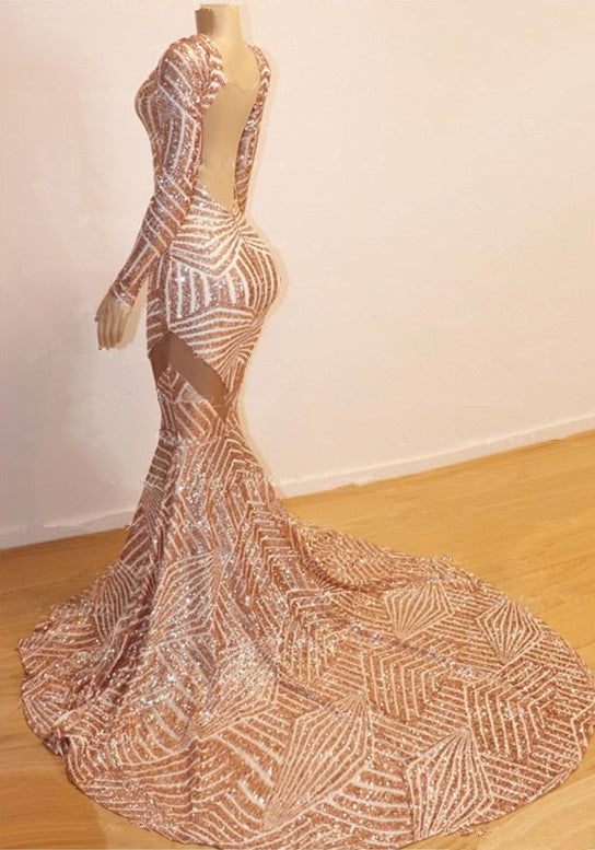 Gorgeous Long Sleeves V-Neck Prom Dress Mermaid Sequins On Sale