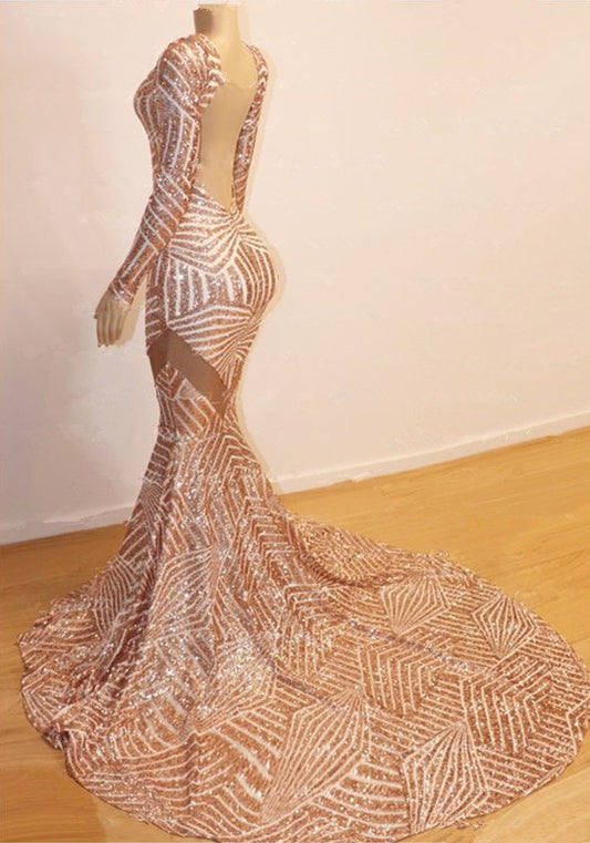 Gorgeous Long Sleeves V-Neck Prom Dress Mermaid Sequins On Sale