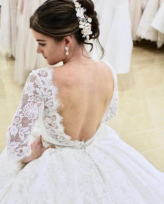 Long A-line Vintage Wedding Dress With Lace Sleeves and Backless Design