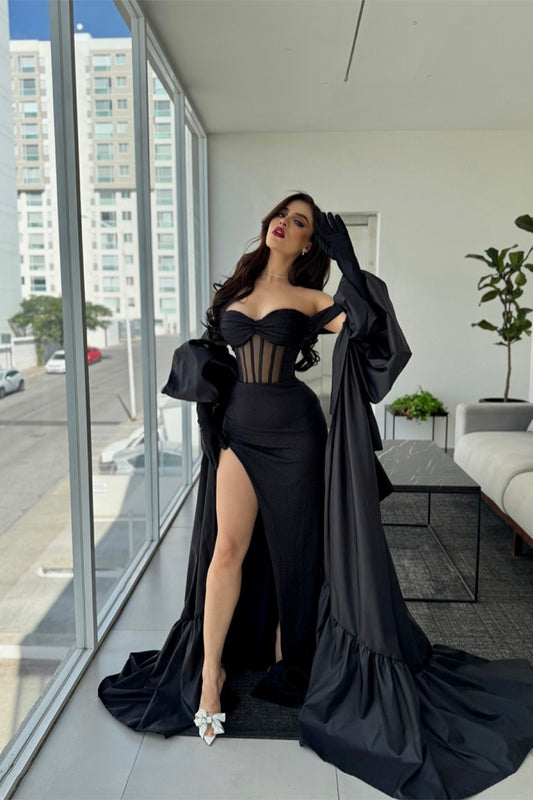 Modern Black Off-the-Shoulder Prom Dress Long High Slit With Ruffle
