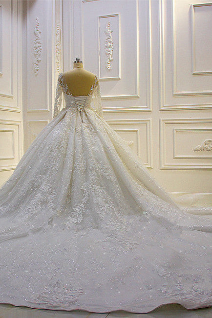 Elegant Long Wedding Dress with Beading, Lace Appliques, and Church Train Sleeves