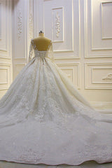 Elegant Long Wedding Dress with Beading, Lace Appliques, and Church Train Sleeves