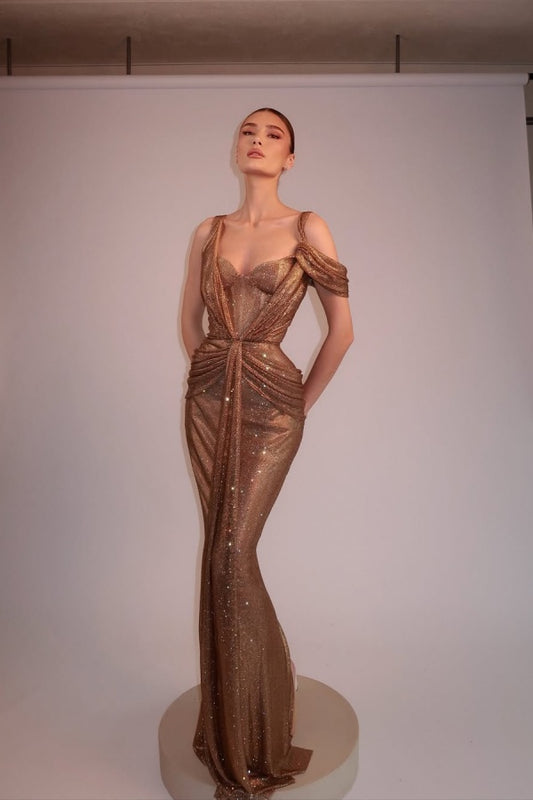 Gold Long Prom Dress Mermaid Sleeveless with Sequins