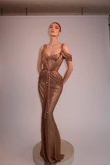 Gold Long Prom Dress Mermaid Sleeveless with Sequins