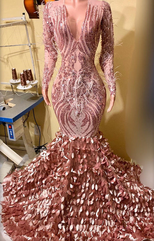 Classic Rose Pink Mermaid Prom Dress Long Sleeves V-Neck Sequins Online