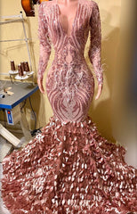 Classic Rose Pink Mermaid Prom Dress Long Sleeves V-Neck Sequins Online