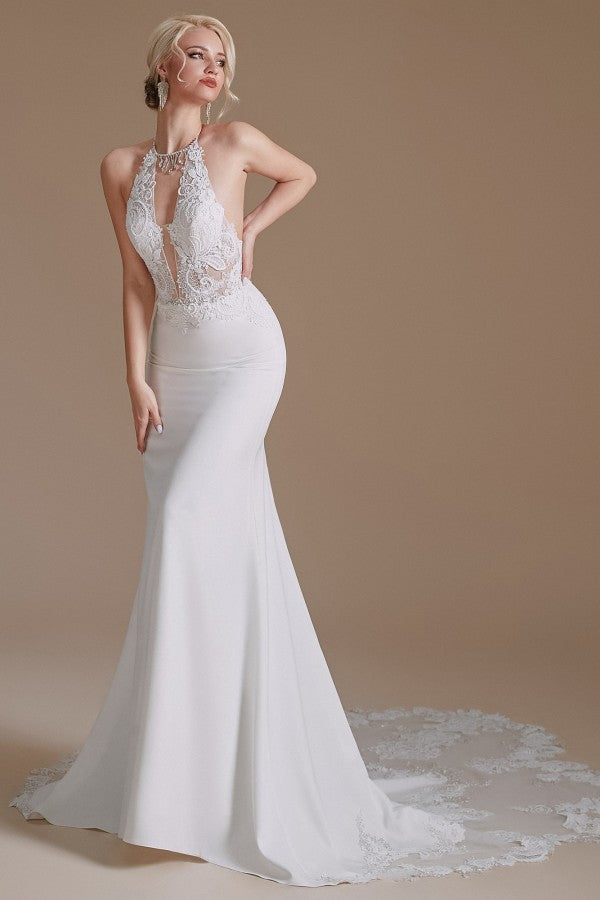 Long Satin Wedding Dress with Elegant Mermaid Halter and Backless Lace Appliques