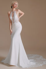 Long Satin Wedding Dress with Elegant Mermaid Halter and Backless Lace Appliques