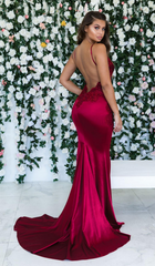 Elegant Burgundy Spaghetti-Straps Lace Prom Dress Mermaid Long