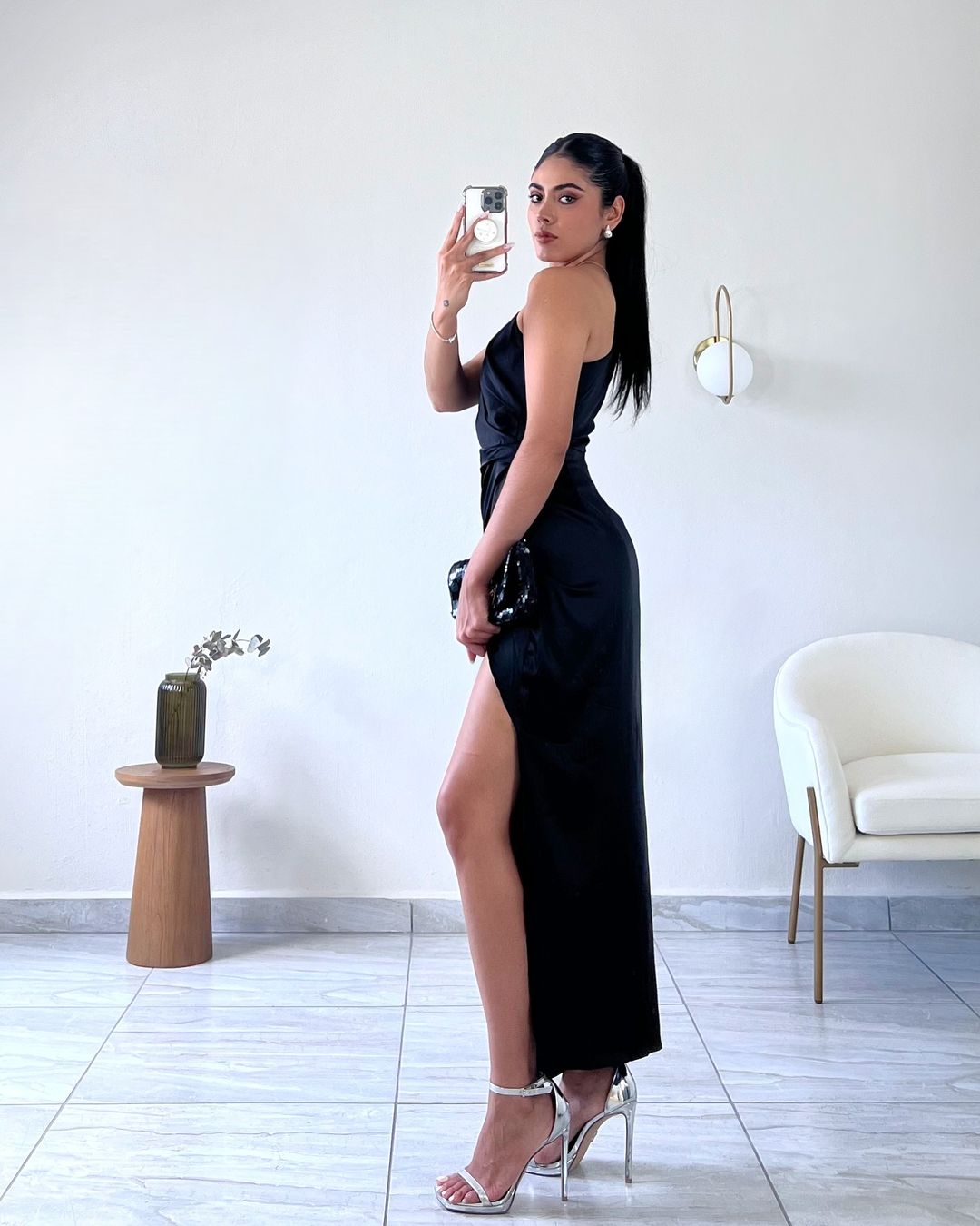 Black One Shoulder Sleeveless Mermaid Prom Dress with Long Slit