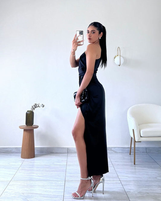 Black One Shoulder Sleeveless Mermaid Prom Dress with Long Slit