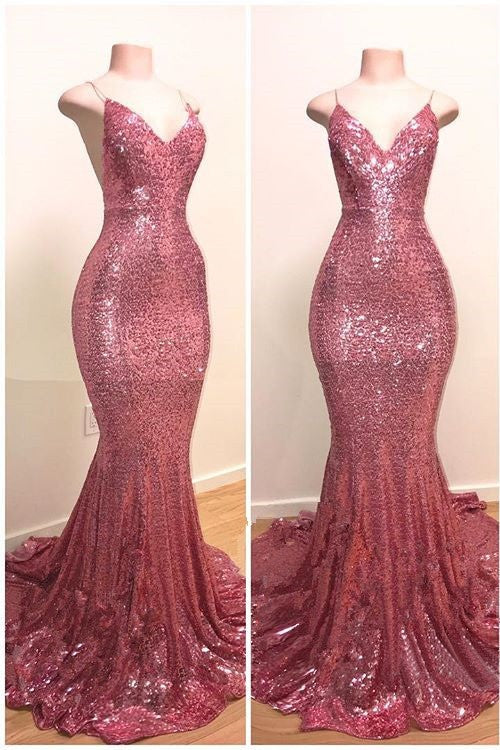 Gorgeous Spaghetti-Straps Sequins Prom Dress Mermaid Long Rose Pink Party Gowns
