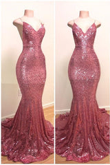 Gorgeous Spaghetti-Straps Sequins Prom Dress Mermaid Long Rose Pink Party Gowns