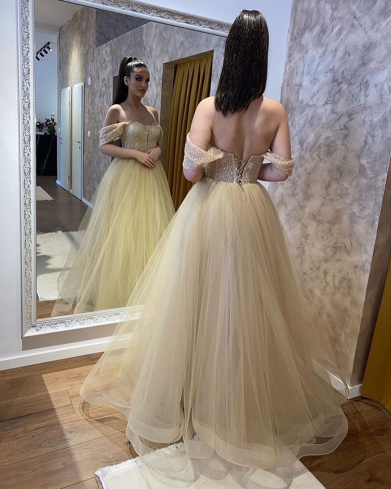 Elegant Sweetheart A-Line Wedding Dress with Off-the-shoulder Beading and Tulle Ruffles