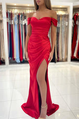 Gorgeous Red Off-the-Shoulder Mermaid Prom Dress Long With Split