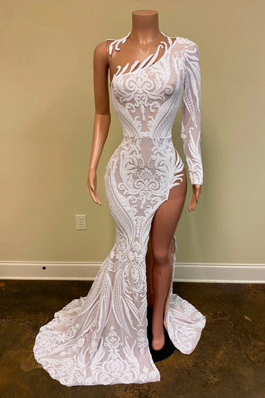 White One-Shoulder Long Sleeves Prom Dress Mermaid Sequins Lace with Split