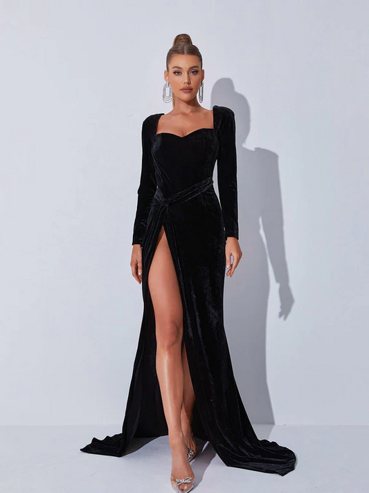 Black Prom Dress Velvet Long Sleeves With High Slit Halter