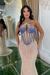 Fabulous Champagne Halter Sleeveless Mermaid Prom Gown With Beadings Sequins Crystals