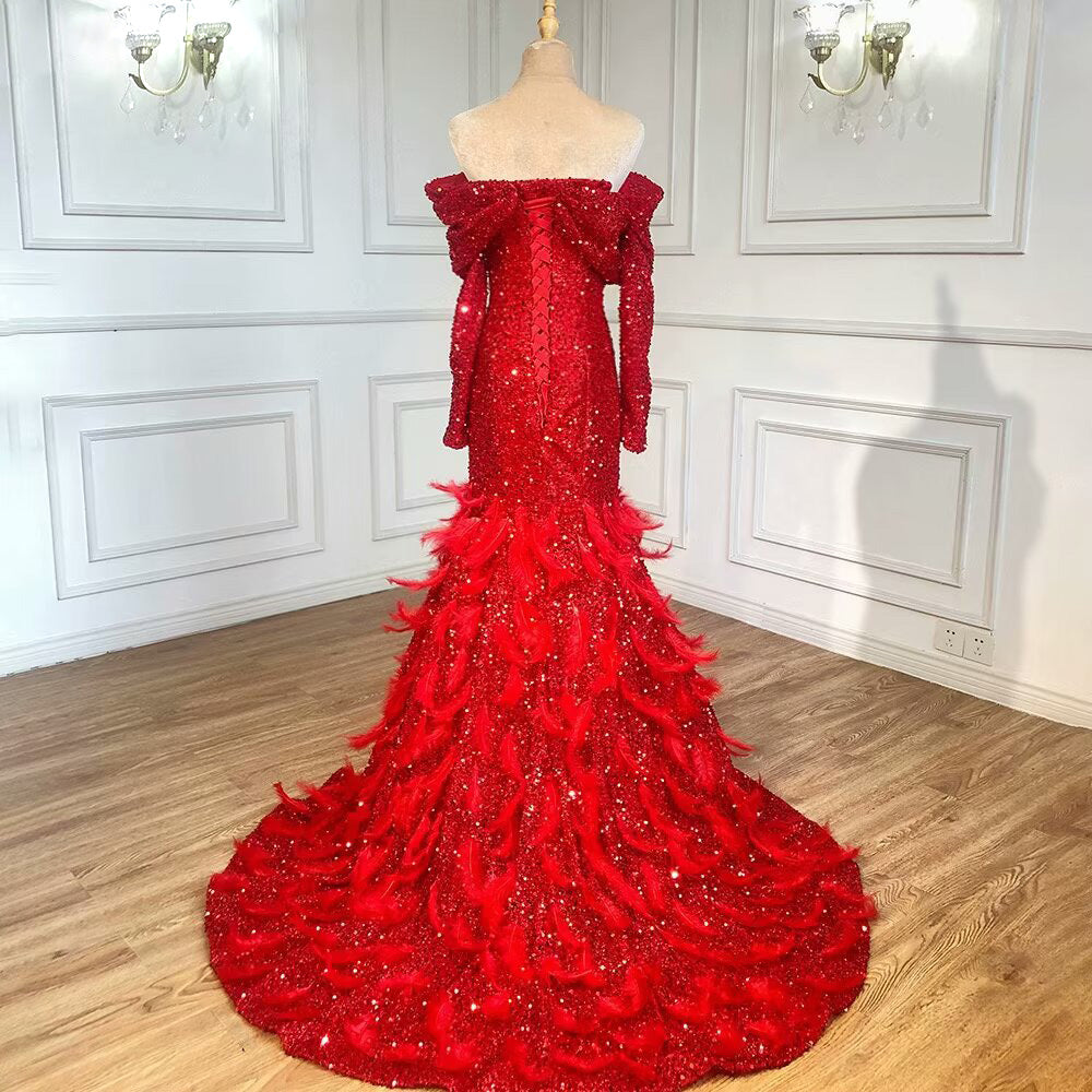 Fashion Red Sequin Prom Dress Long Sleeves A Line With Feather