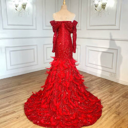 Fashion Red Sequin Prom Dress Long Sleeves A Line With Feather