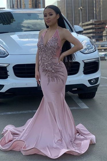 Fantasy Pink Evening Dress Sleeveless With Beadings Halter Mermaid