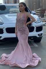 Fantasy Pink Evening Dress Sleeveless With Beadings Halter Mermaid