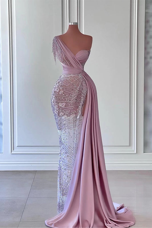 Gorgeous One Shoulder Split Prom Dress Mermaid Beadings