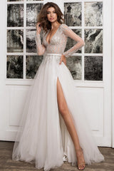 Elegant Boho V-neck A-line Wedding Gown with Long Lace Sleeves and Tulle Slit