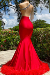 Classic Red Long Sleeves Prom Dress Mermaid Prom Dress With Feather Appliques