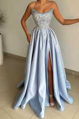 New Arrival Baby Blue Strapless Slit Prom Dress Long With Pearls Appliques