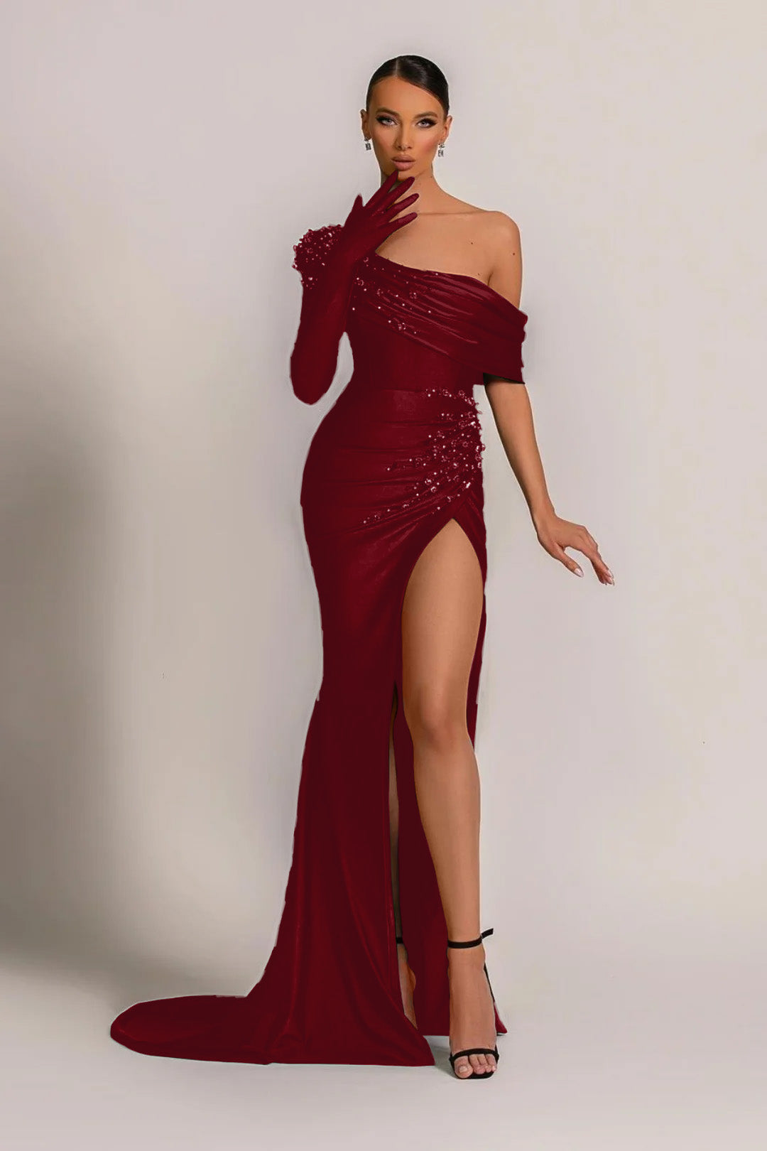 Emerald Green Evening Dress One Shoulder With Pearl Split