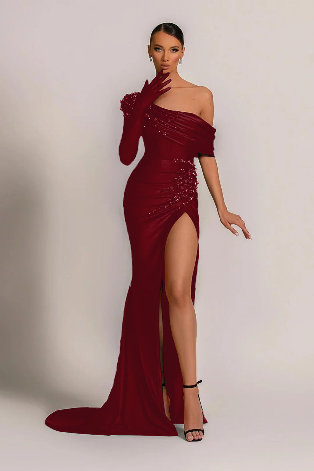 Emerald Green Evening Dress One Shoulder With Pearl Split