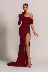 Emerald Green Evening Dress One Shoulder With Pearl Split