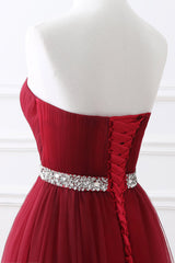 Burgundy Sweetheart Tulle Long prom Dress Crystal