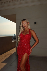 Sleeveless Halter Strap Sequins Sweetheart Long Prom Dress With Split