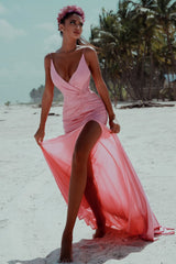Glamorous Pink Spaghetii-Straps Deep V-Neck Mermaid Prom Dress with Slit