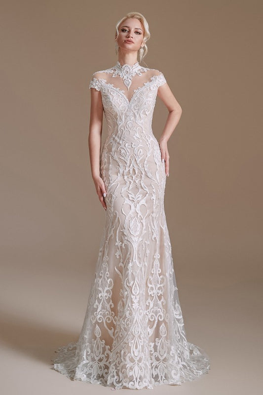 Elegant High-neck Long Lace Mermaid Wedding Dress With Sleeves