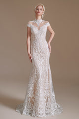 Elegant High-neck Long Lace Mermaid Wedding Dress With Sleeves