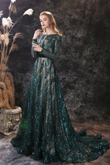 New Arrival Dark Green Sequins Long Sleeves Prom Dress With Detachable Skirt