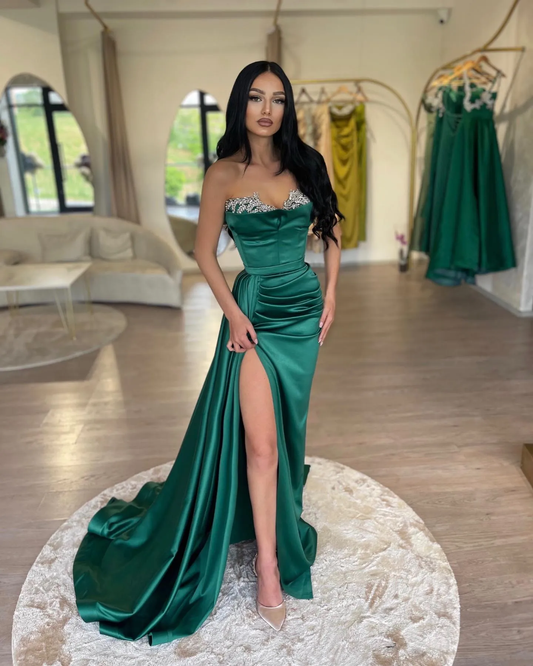 Dark Green Strapless Mermaid Prom Dress Sleeveless Pleated with Beads