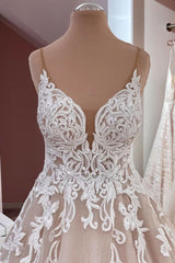 Elegant A-Line Wedding Dress with Sequins, Lace, and Tulle Appliques on Spaghetti Straps