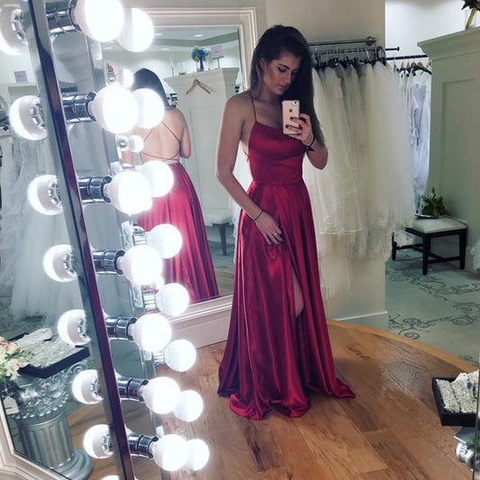 Glamorous Spaghetti-Straps Long Prom Dresss Split With String Back