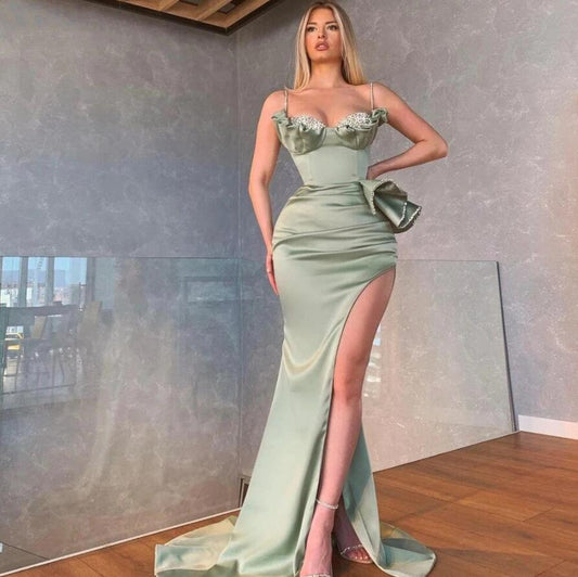 Dusty Sage Spaghetti-Straps Mermaid Prom Dress Split with Beadings Ruffles