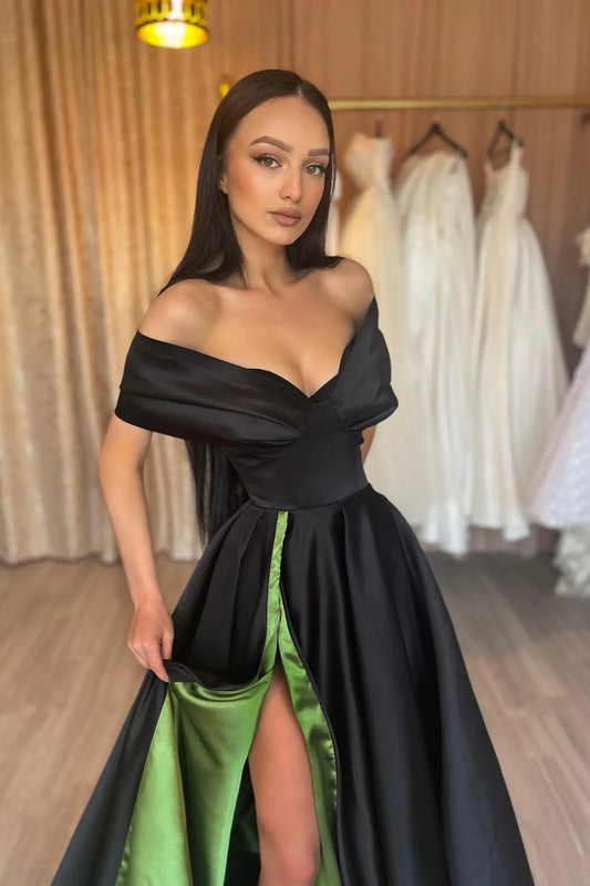 Gorgeous Black Prom Dress Split Long Off-the-Shoulder