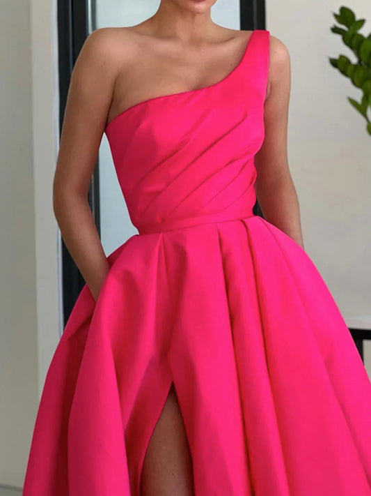 Simple One Shoulder Pink Long Prom Dress High Slit A Line Pleated Dress